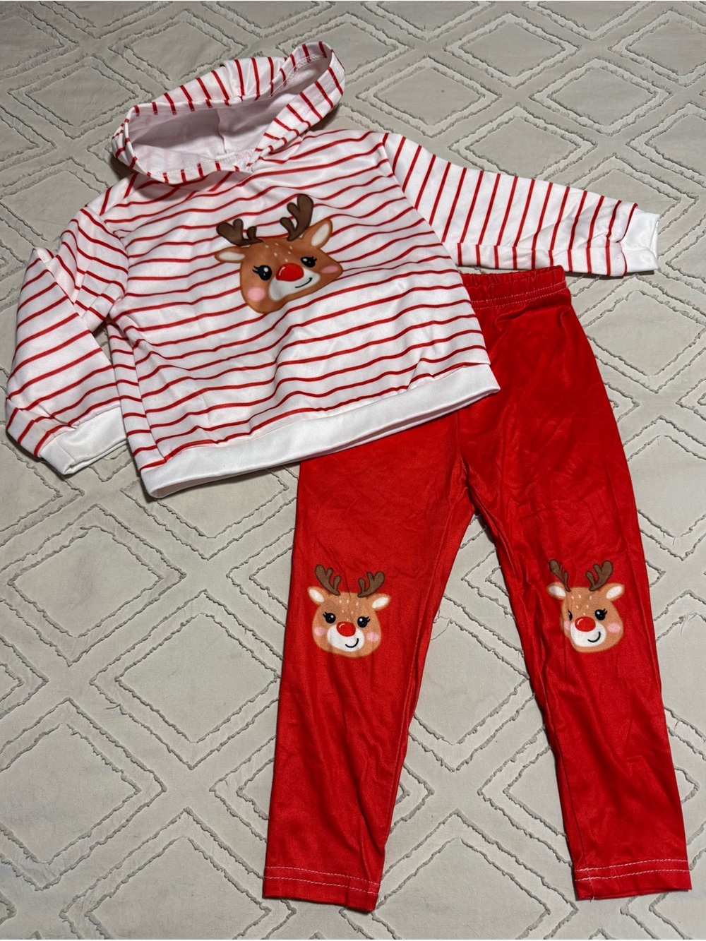 Red Striped Reindeer Kids Set - Hooded Top & Red Pants